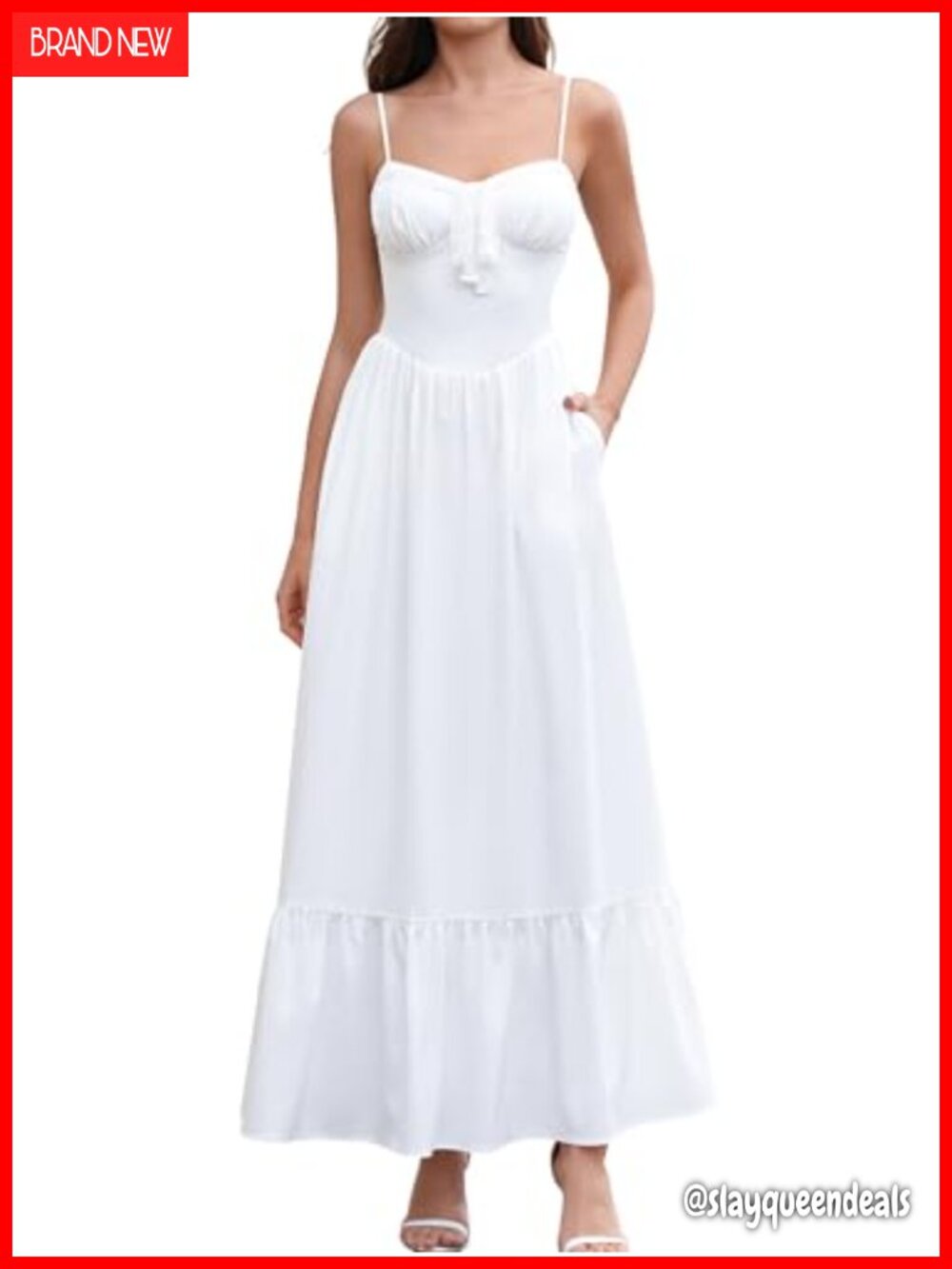 Flowy Maxi Dress with Pockets Lace Smocked A-Line Formal Guest Bridal
